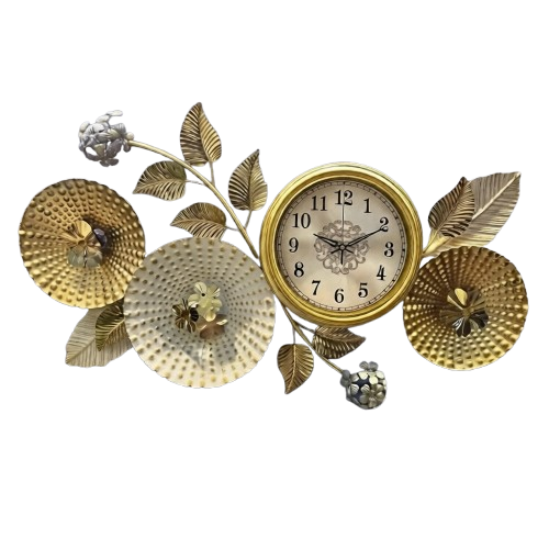 Golden floral branch metal art wall clock featuring textured flower disks and leaves mounted on a textured grey wall.