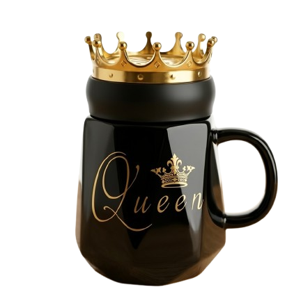 A premium black ceramic mug by Gift by Hamza featuring gold "Queen" calligraphy and a majestic golden crown-shaped lid.