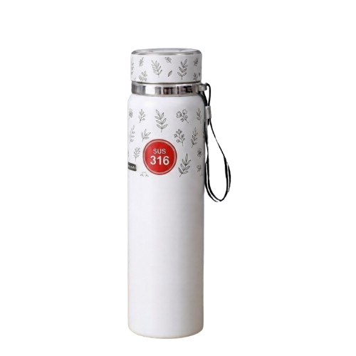 A white SUS 316 stainless steel insulated water bottle with a botanical leaf print, a red label, and a black carrying strap on a wooden surface.