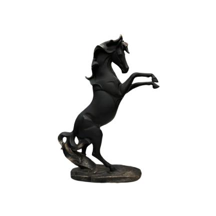 A high-resolution, clean product photo of the matte black rearing horse statue with bronze highlights on its mane and base, standing on a white marble surface. The orange sticker has been removed.
