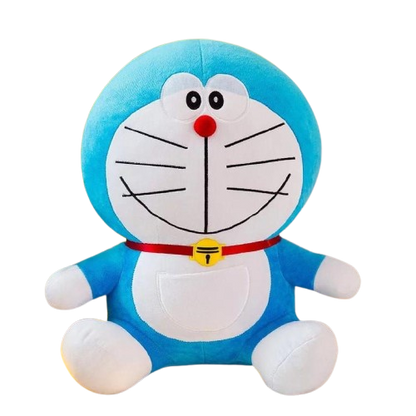 Cute blue and white Doraemon soft plush toy with red collar and yellow bell sitting against a decorated background.