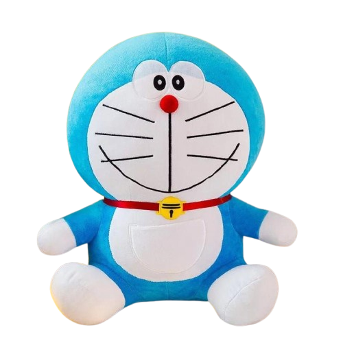 Cute blue and white Doraemon soft plush toy with red collar and yellow bell sitting against a decorated background.