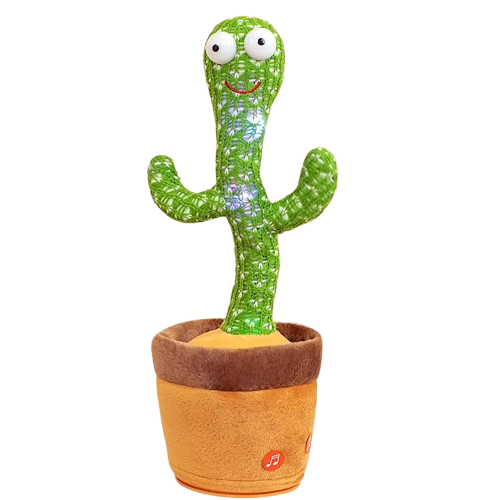 Electronic dancing and singing green knitted cactus toy with big eyes inside a soft brown pot on a white surface.
