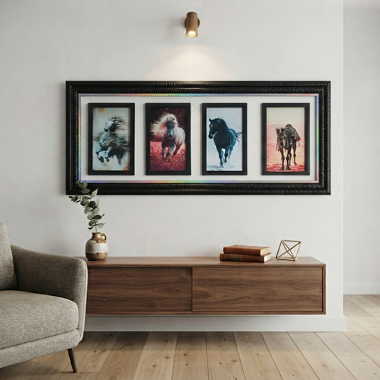 A large rectangular black multi-frame wall art piece featuring four panels with running horses and a camel, illuminated by an LED border, hanging on a plain white wall.