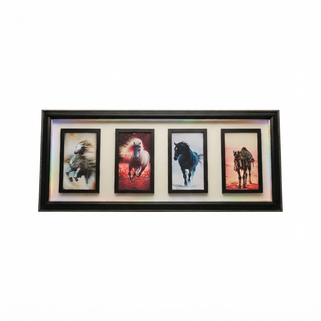 The elegant rectangular black multi-frame wall art featuring running horses and a camel, beautifully illuminated with its LED border and hanging above a modern console table in a stylish living room.