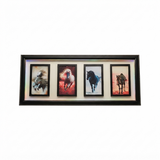 The elegant rectangular black multi-frame wall art featuring running horses and a camel, beautifully illuminated with its LED border and hanging above a modern console table in a stylish living room.