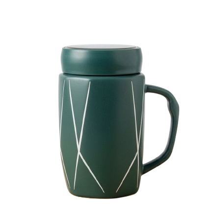 A deep emerald green ceramic mug by Gift by Hamza featuring white geometric patterns and a matching lid.