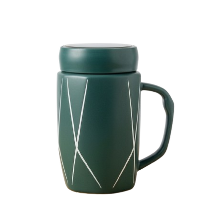 A deep emerald green ceramic mug by Gift by Hamza featuring white geometric patterns and a matching lid.