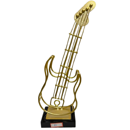 A minimalist gold-toned metal electric guitar showpiece by Gift by Hamza with a sleek black base, perfect for modern home decor.