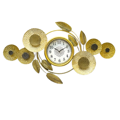 Golden sunflower metal art wall clock featuring textured floral sculptures and a central clock face mounted on a light wall.
