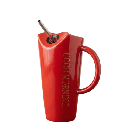 A vibrant red ceramic coffee mug by Gift by Hamza featuring 'GOOD MORNING' gold text and a convenient stainless steel straw.