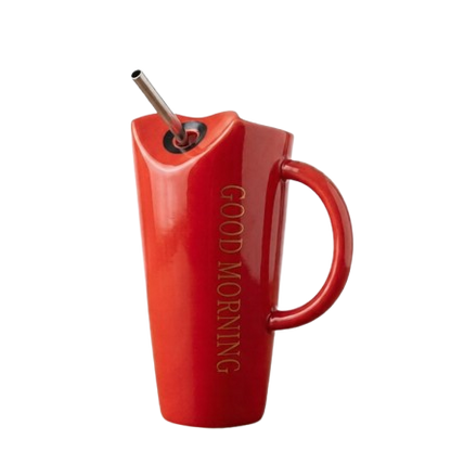 A vibrant red ceramic coffee mug by Gift by Hamza featuring 'GOOD MORNING' gold text and a convenient stainless steel straw.