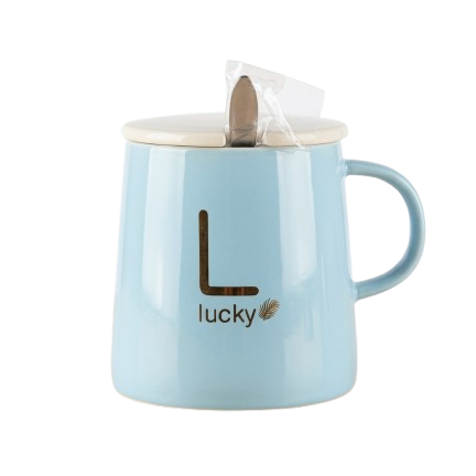 A calming pastel blue ceramic mug by Gift by Hamza with gold "Lucky" text, a ceramic lid, and a included stainless steel spoon.