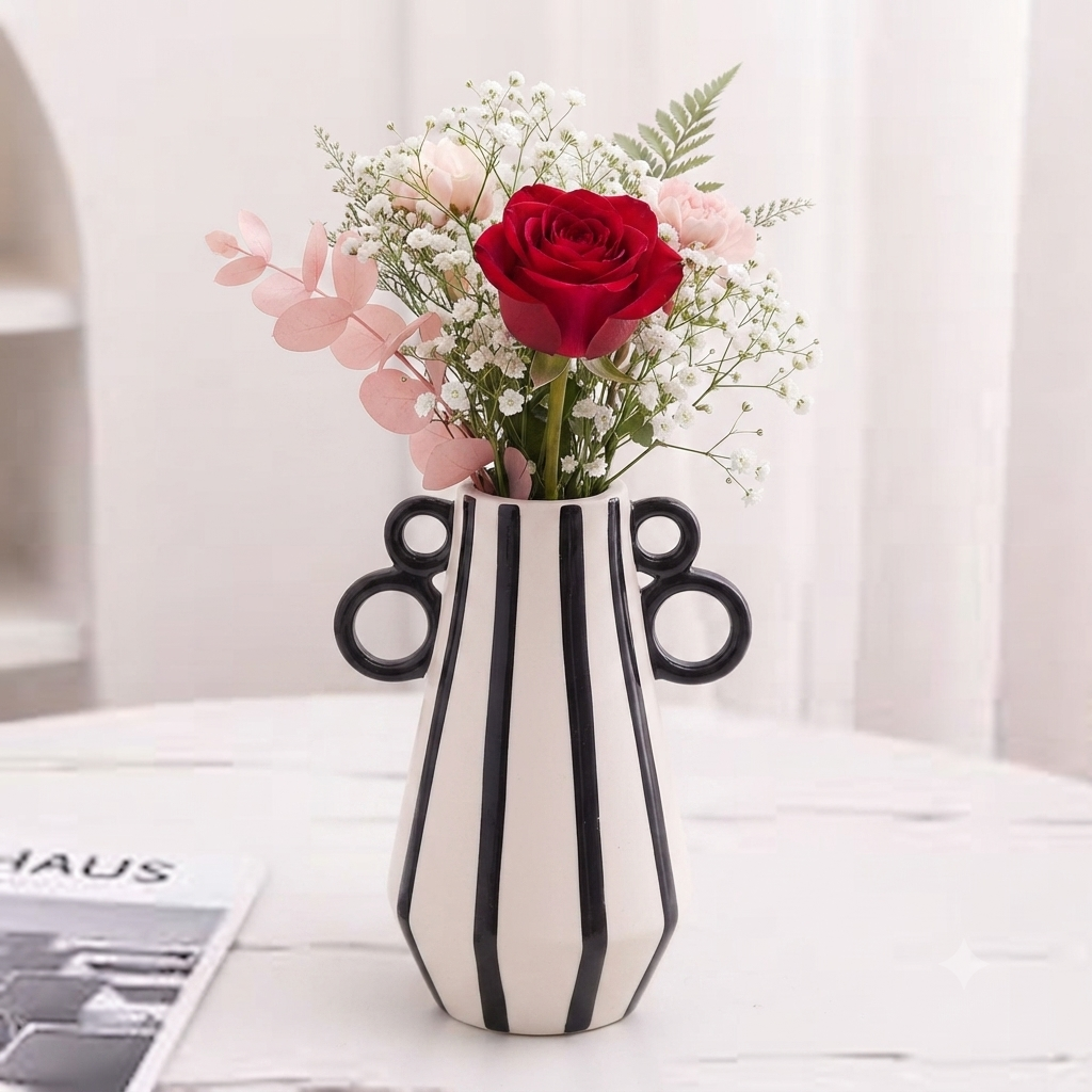 Modern black and white striped ceramic flower vase on a white table.