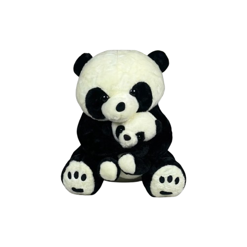 A soft, cute mother and baby panda plush toy sitting together against a light background with a decorative plant in a white pot.