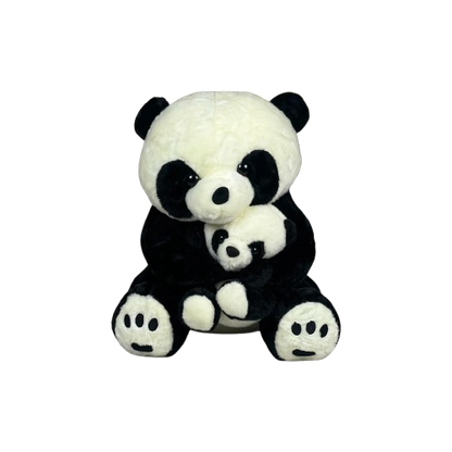 A soft, cute mother and baby panda plush toy sitting together against a light background with a decorative plant in a white pot.