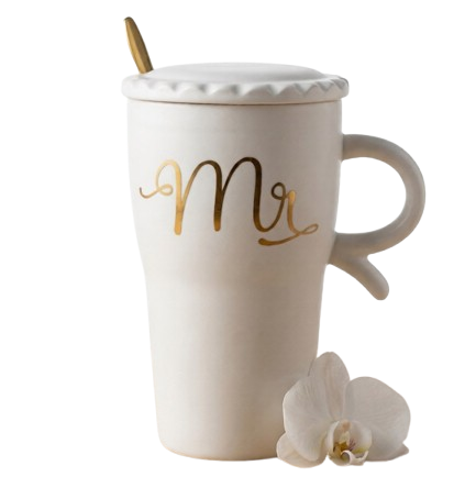 A sophisticated white ceramic mug by Gift by Hamza featuring 'Mr' in gold calligraphy, complete with a matching lid and gold spoon.