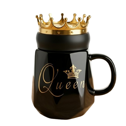 A premium black ceramic mug by Gift by Hamza featuring gold "Queen" calligraphy and a majestic golden crown-shaped lid.