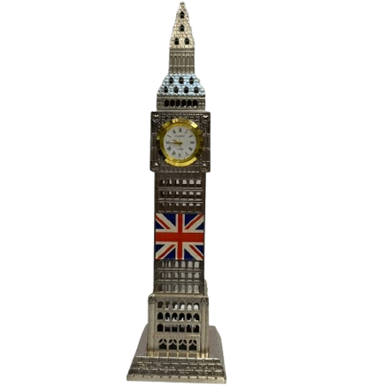 A detailed silver Big Ben clock tower replica with a functional clock face and a Union Jack flag emblem, standing on a white marble surface.