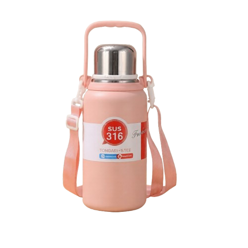 A pastel pink SUS 316 stainless steel insulated water bottle with a silver cap, top handle, and pink shoulder strap standing on a wooden surface.