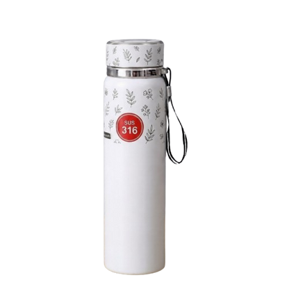 A white SUS 316 stainless steel insulated water bottle with a botanical leaf print, a red label, and a black carrying strap on a wooden surface.