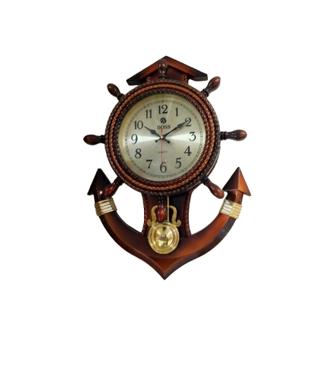 Vintage nautical ship wheel and anchor wooden wall clock hanging on a beige wall above a wooden console table.