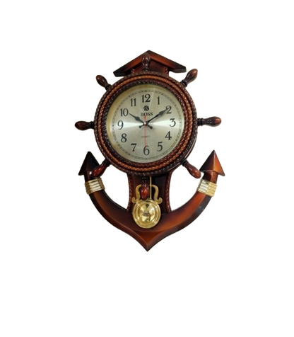 Vintage nautical ship wheel and anchor wooden wall clock hanging on a beige wall above a wooden console table.